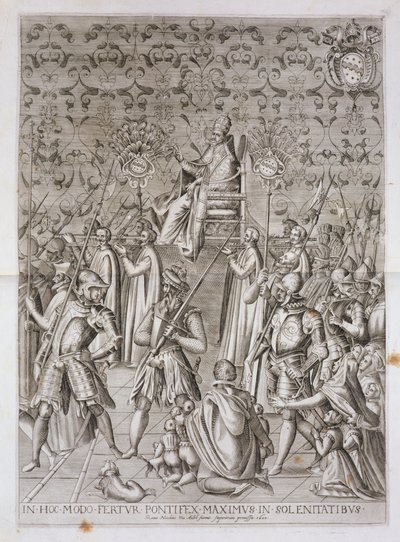 Paus Sixtus V (1521-90) wordt naar de ceremonie voor de inwijding van de obelisk voor de basiliek van San Giovanni Laterano, Rome in 1588 gedragen door Nicolaus van Aelst